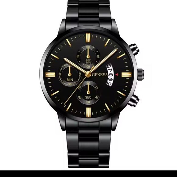 Men's Watch Stainless Steel Calendar Quartz Black New F4 - Picture 2 of 5